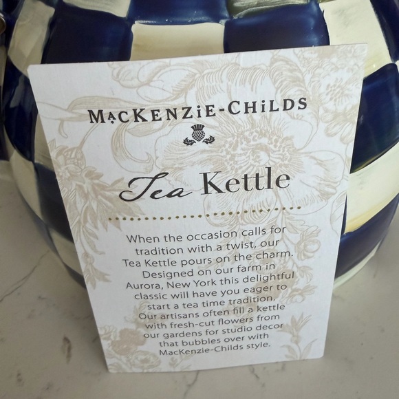 New MacKenzie Childs 2 quart Enameled Whistle Tea Kettle Courtly Blue check - Picture 8 of 9